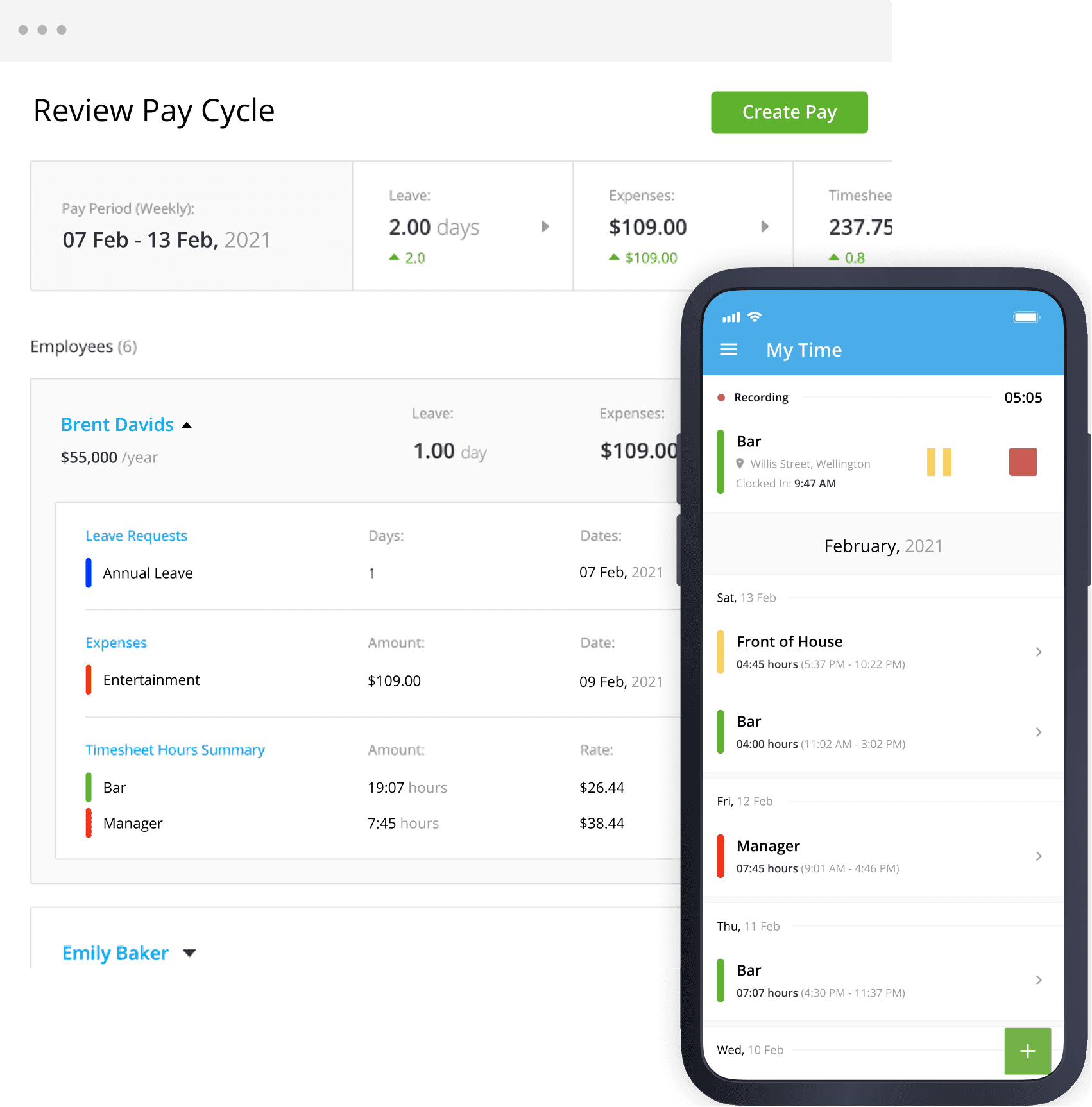 Sync timesheets from mobile directly to payroll